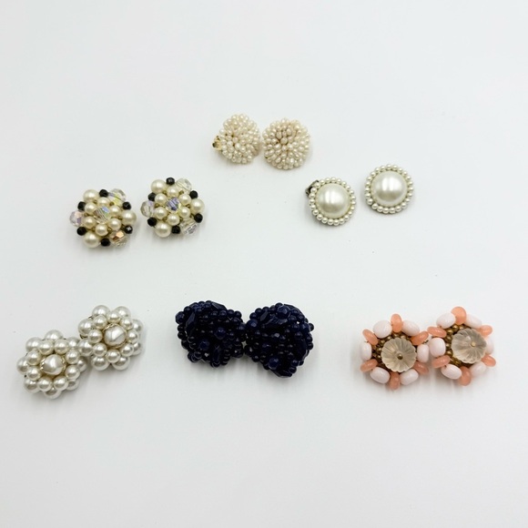 Vintage Beaded Floral Faux Pearls Clip on Earrings Lot - Picture 1 of 11